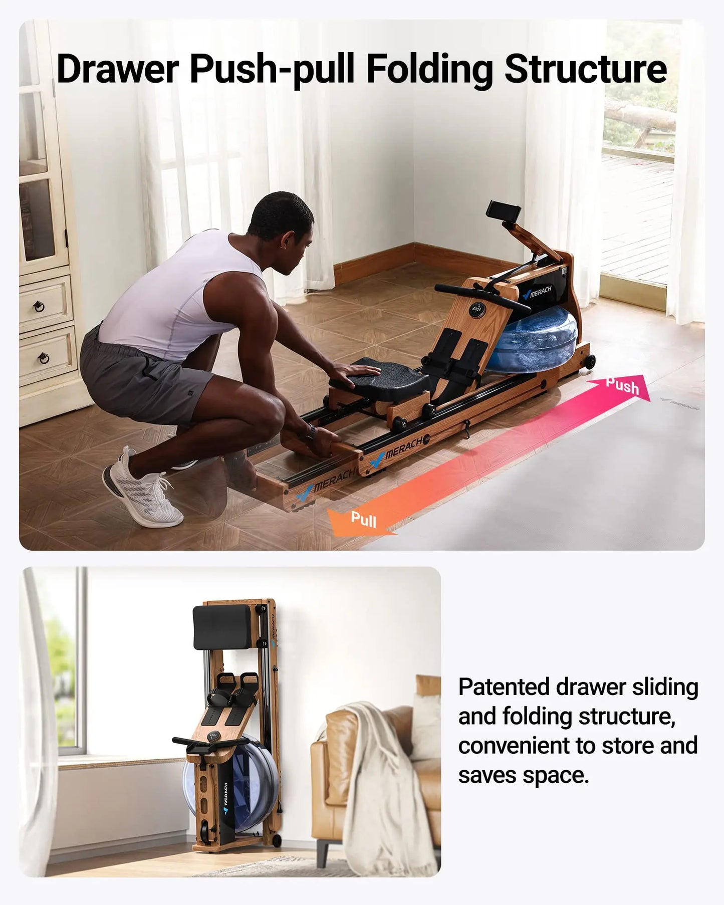 Innovative Rowing Machine With Foldable Oak Frame for Space Saving - Fitness Gym Workout