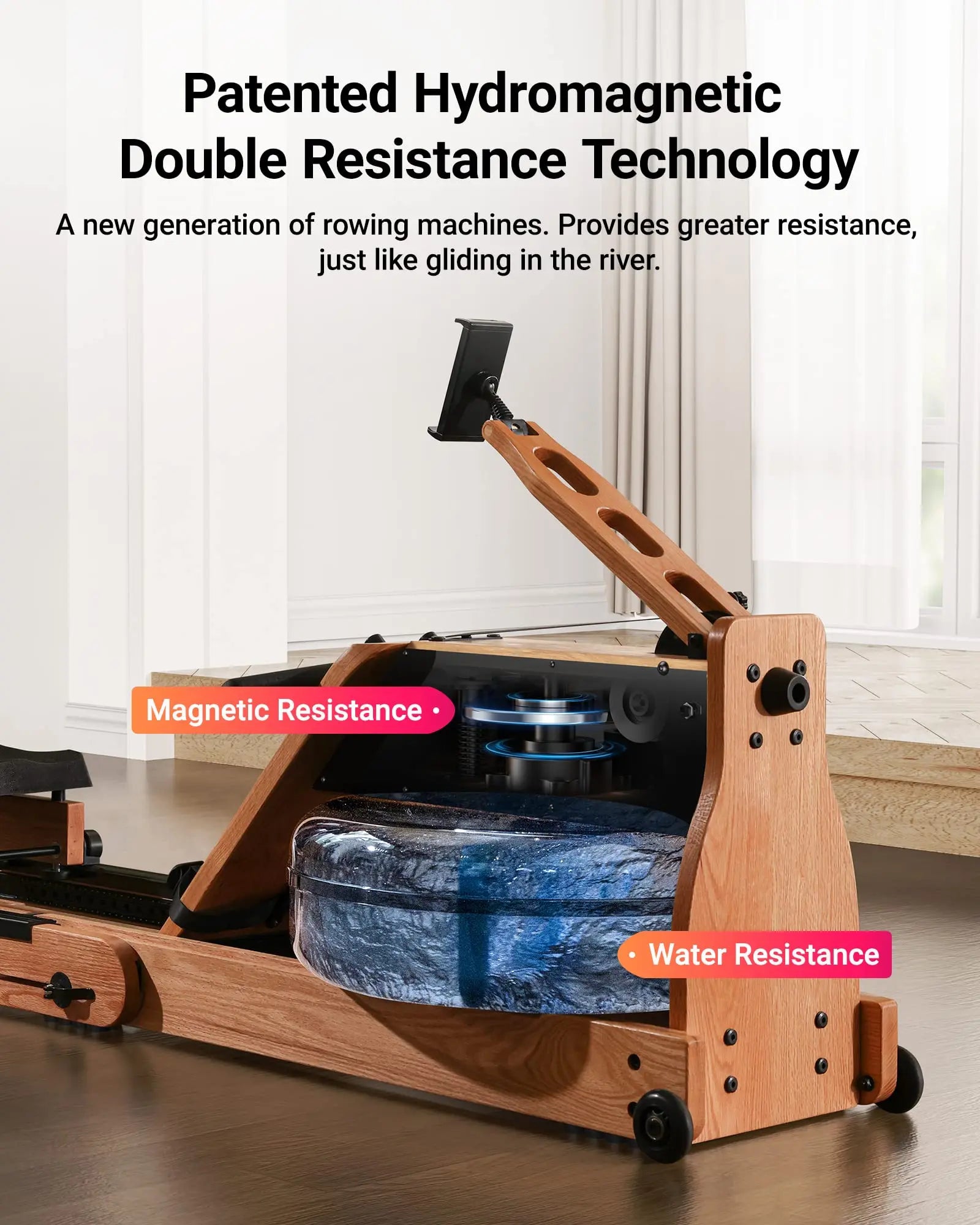 Innovative Rowing Machine With Foldable Oak Frame for Space Saving - Fitness Gym Workout