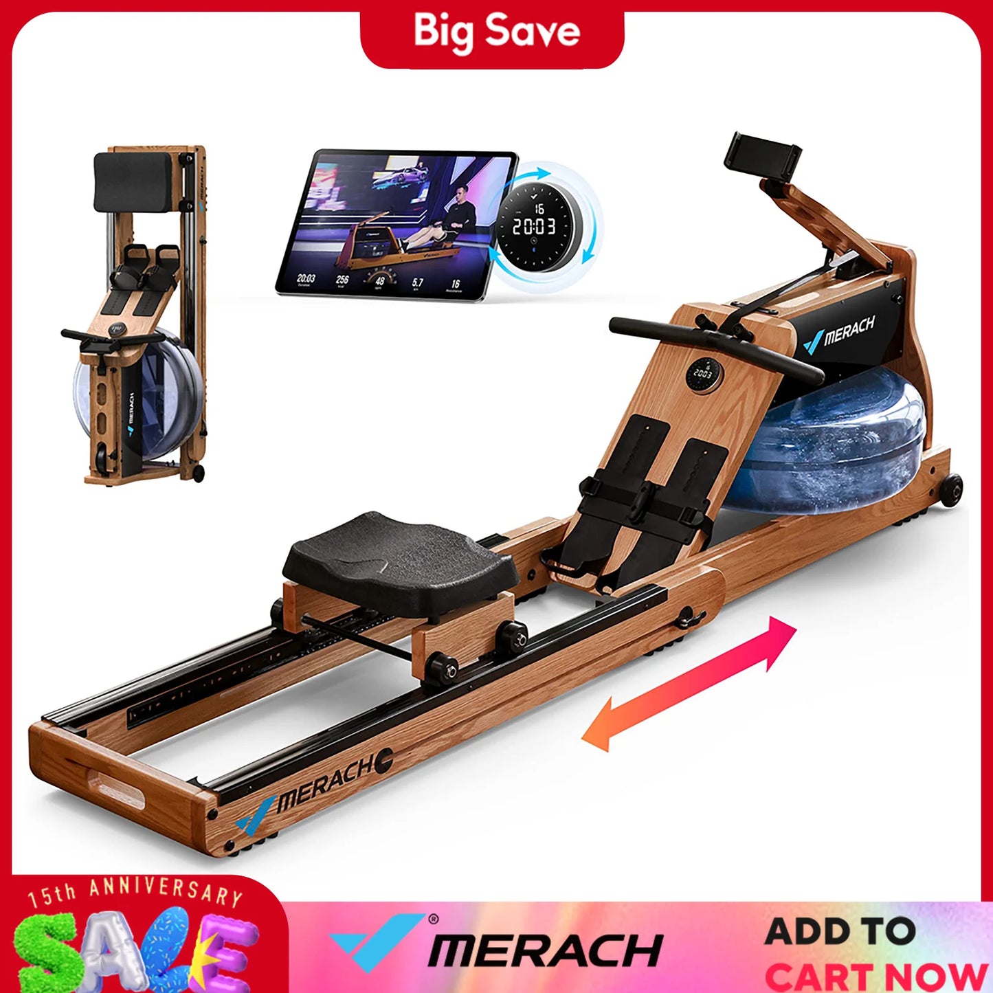 Innovative Rowing Machine With Foldable Oak Frame for Space Saving - Fitness Gym Workout