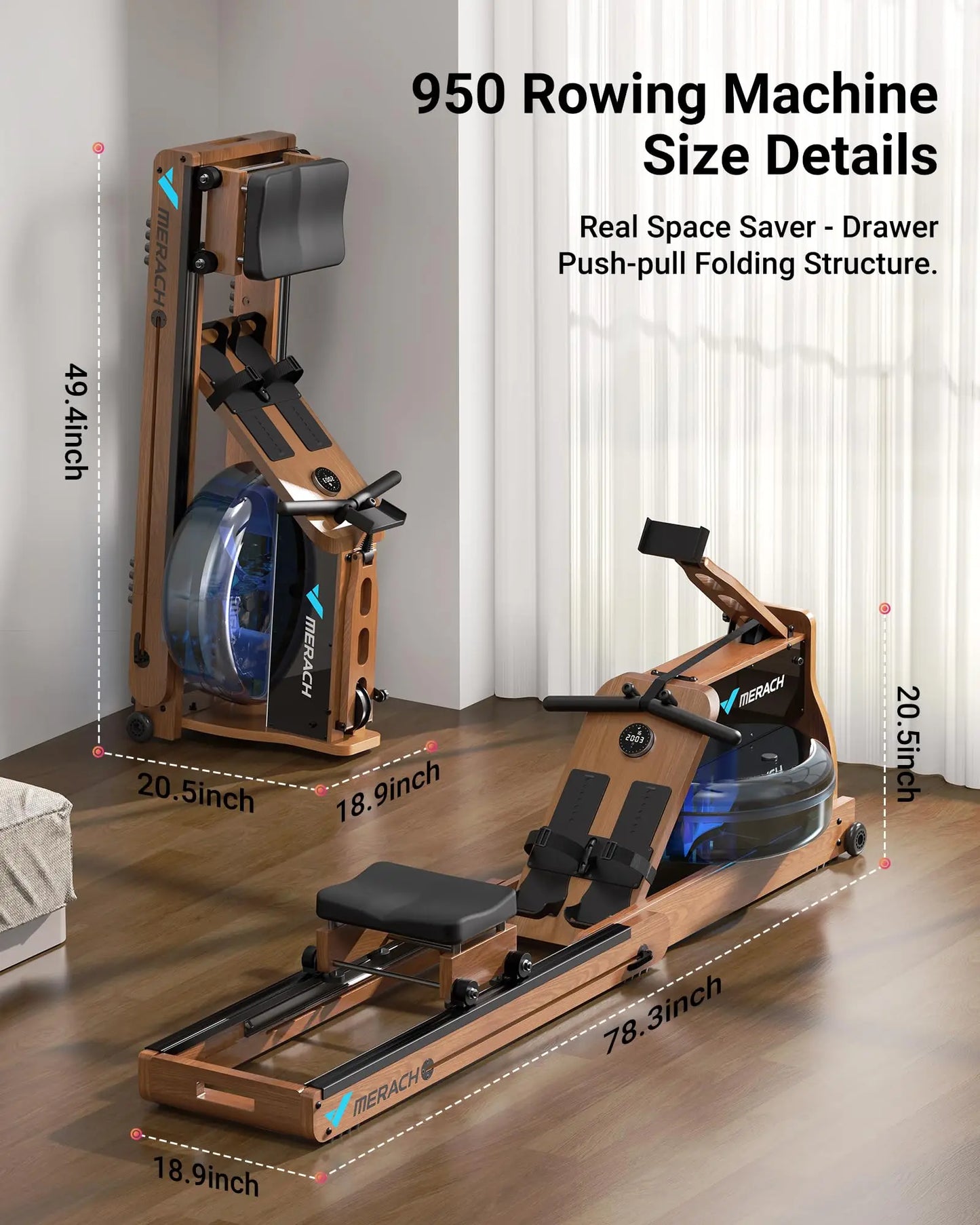 Innovative Rowing Machine With Foldable Oak Frame for Space Saving - Fitness Gym Workout