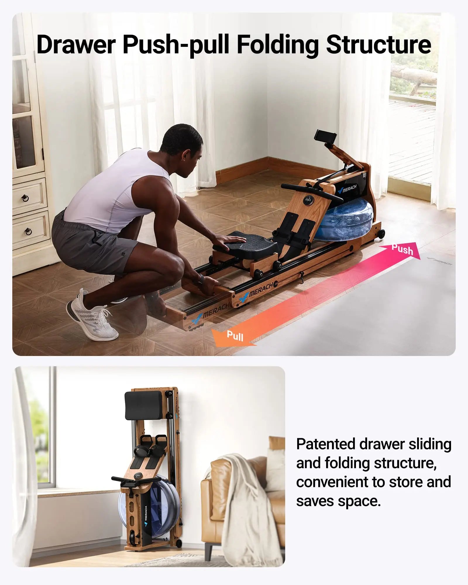 Innovative Rowing Machine With Foldable Oak Frame for Space Saving - Fitness Gym Workout